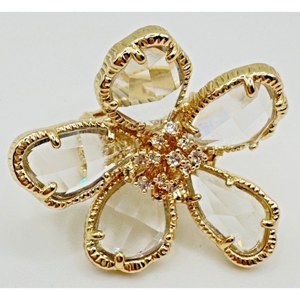 Joan Boyce Crystal Flower Ring Gold Tone Statement Cocktail Ring 1.5" Size 5.5